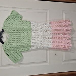 Vintage designed by Roncelli lined shell stitch crochet dress-S-pink/green/white